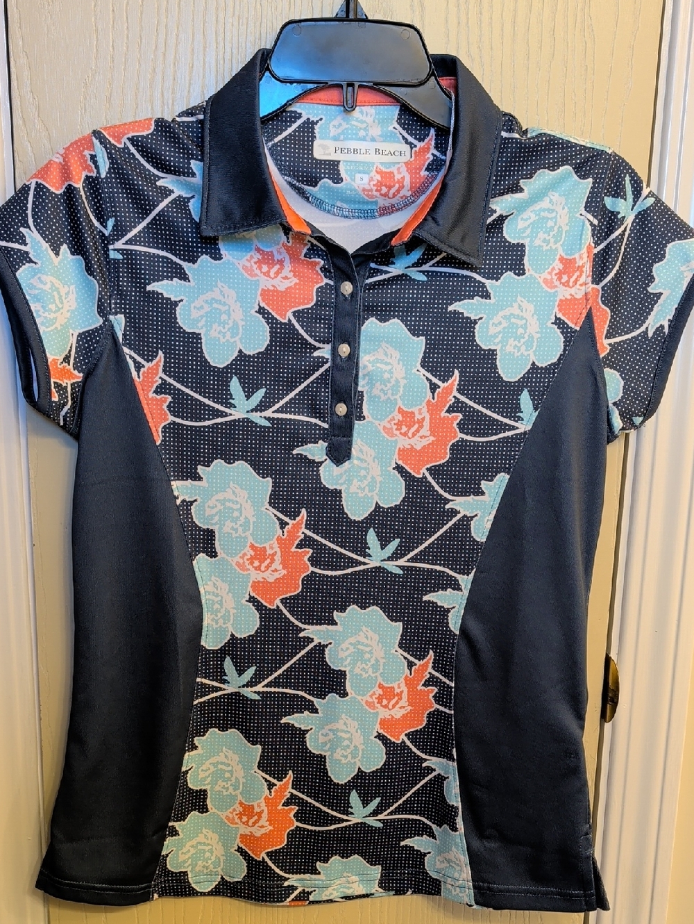 Pebble Beach Floral Polo Navy Coral Mint Golf Shirt Sz S NWT